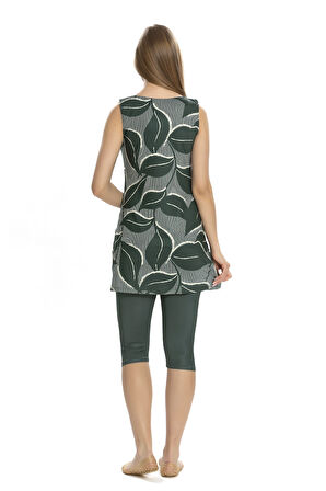 Kadın Haki Yaprak Desen Kolsuz Yarı Kapalı Taytlı Mayo HZL25S-AR152/505