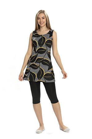 Kadın Siyah Yaprak Desen Kolsuz Yarı Kapalı Taytlı Mayo HZL25S-AR152/506