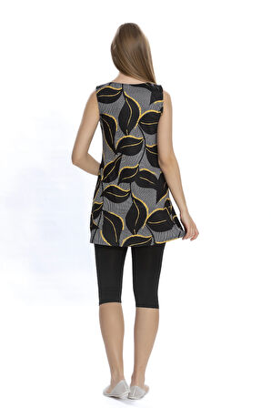 Kadın Siyah Yaprak Desen Kolsuz Yarı Kapalı Taytlı Mayo HZL25S-AR152/506