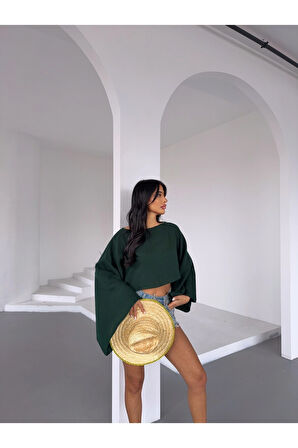 Kadın Zümrüt Yeşil Panço Model Müslin Bluz HZL25S-DSB16161