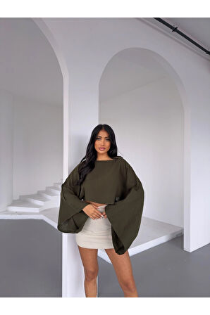 Kadın Haki Panço Model Müslin Bluz HZL25S-DSB16161