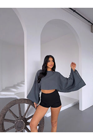 Kadın Antrasit Panço Model Müslin Bluz HZL25S-DSB16161