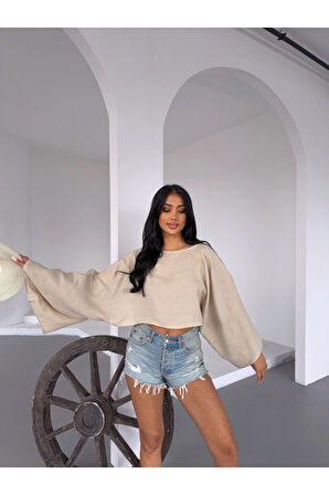 Kadın Bej Panço Model Müslin Bluz HZL25S-DSB16161