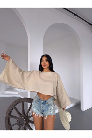 Kadın Bej Panço Model Müslin Bluz HZL25S-DSB16161