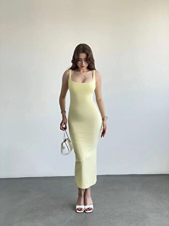 Kadın Sarı Askılı Kare Yaka Midi Elbise HZL25S-ZK11621