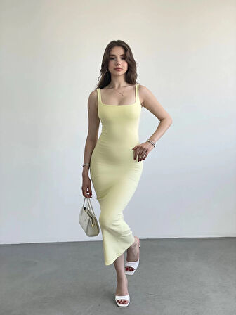 Kadın Sarı Askılı Kare Yaka Midi Elbise HZL25S-ZK11621