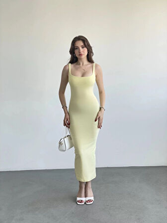 Kadın Sarı Askılı Kare Yaka Midi Elbise HZL25S-ZK11621