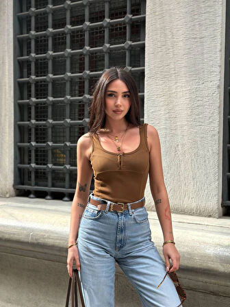 Kadın Kahverengi Önü Çıt Çıt Kapamalı Crop HZL25S-ZK11671