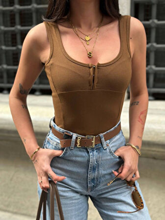 Kadın Kahverengi Önü Çıt Çıt Kapamalı Crop HZL25S-ZK11671