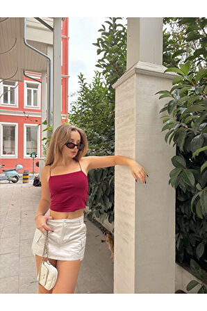 Kadın Bordo İp Askılı Örme Büstiyer HZL24S-ZK12001