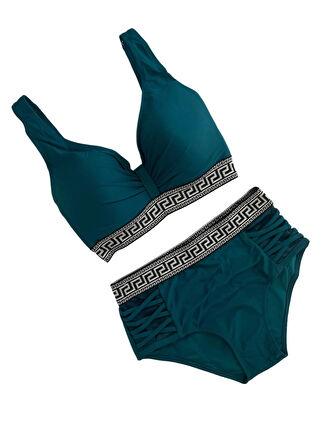 Kadın Yeşil Yüksek Bel Yanları Şerit Detaylı Desenli Lastikli Destekli Bikini Takımı HZL25S-LC201