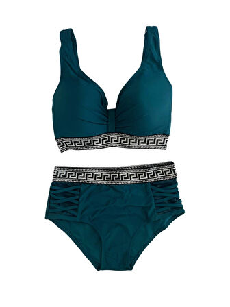 Kadın Yeşil Yüksek Bel Yanları Şerit Detaylı Desenli Lastikli Destekli Bikini Takımı HZL25S-LC201