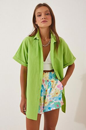 Kadın Fıstık Yeşili Oversize Uzun Kısa Kollu Basic Poplin Gömlek HZL22S-BD1201201