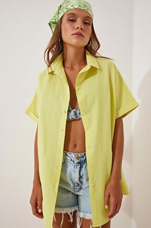 Kadın Sarı Oversize Uzun Kısa Kollu Basic Poplin Gömlek HZL22S-BD1201201
