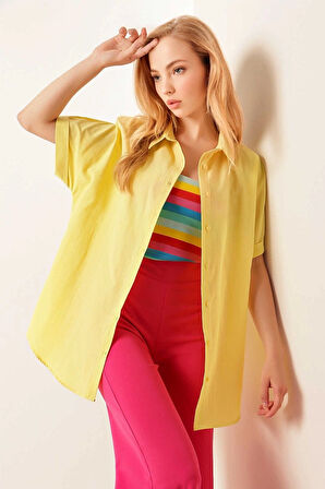 Kadın Sarı Oversize Uzun Kısa Kollu Basic Poplin Gömlek HZL22S-BD1201201