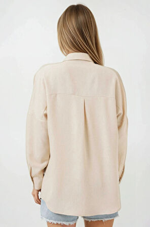 Kadın Bej Oversize Çift Cepli Keten Gömlek HZL22S-BD1201261