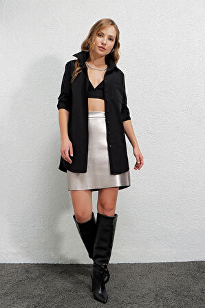 Kadın Siyah Oversize Yandan Yırtmaçlı  Ip Büzgülü  Gömlek HZL23W-BD1201321