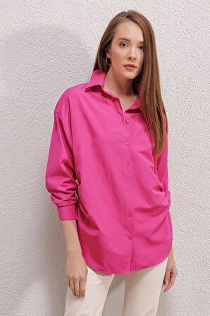Kadın Fuşya Oversize Yandan Yırtmaçlı  Ip Büzgülü  Gömlek HZL23W-BD1201321