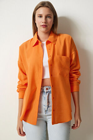 Kadın Oranj Tek Cepli Oversize Keten Ayrobin Gömlek HZL24S-BD1201531