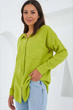 Kadın Fıstık Yeşil Tek Cepli Oversize Keten Ayrobin Gömlek HZL24S-BD1201531