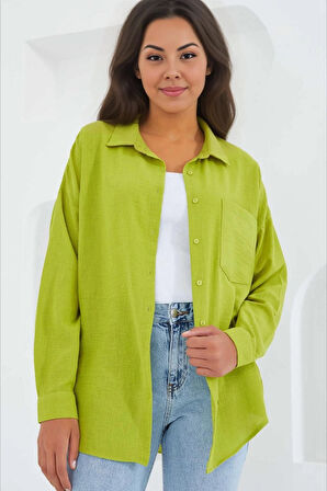Kadın Fıstık Yeşil Tek Cepli Oversize Keten Ayrobin Gömlek HZL24S-BD1201531
