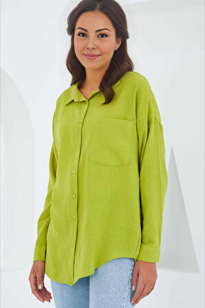 Kadın Fıstık Yeşil Tek Cepli Oversize Keten Ayrobin Gömlek HZL24S-BD1201531