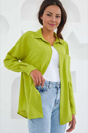 Kadın Fıstık Yeşil Tek Cepli Oversize Keten Ayrobin Gömlek HZL24S-BD1201531