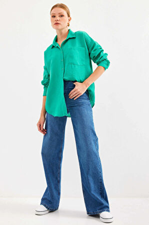Kadın Su Yeşil Tek Cepli Oversize Keten Ayrobin Gömlek HZL24S-BD1201531