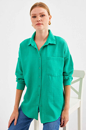 Kadın Su Yeşil Tek Cepli Oversize Keten Ayrobin Gömlek HZL24S-BD1201531
