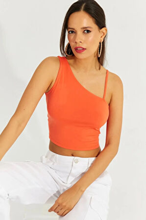 Kadın Turuncu Askılı Tek Omuz Likralı Crop Bluz HZL23S-SND120171