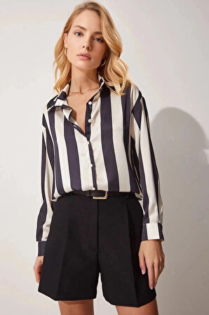 Kadın Siyah Krem Çizgili Saten Gömlek HZL23S-BD1201731