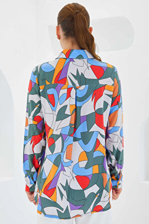 Kadın Haki Gri Mavi Kırmızı Geometrik Desenli Uzun Kolllu Oversize Viskon Gömlek HZL24S-BD1202251