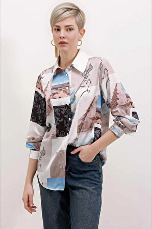 Kadın Açık Bej Desenli Hafif Dökümlü Saten Yüzeyli Gömlek HZL24S-BD1202441