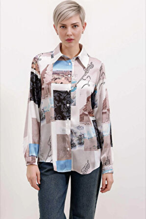 Kadın Açık Bej Desenli Hafif Dökümlü Saten Yüzeyli Gömlek HZL24S-BD1202441