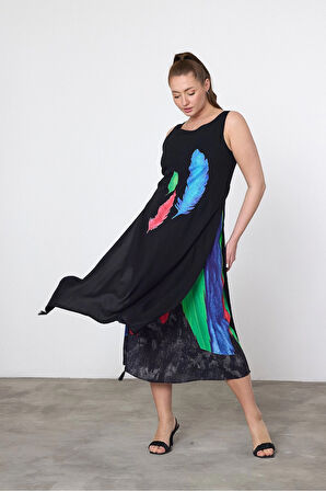 Kadın Siyah Mavi Kuş Tüyü Desenli Astarlı Viskon Elbise HZL25S-VM120251