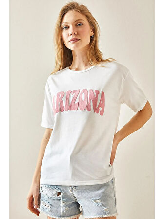 Kadın Beyaz Pembe Arizona Baskılı Bisiklet Yaka T-Shirt HZL24S-DSB120261