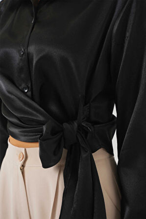 Kadın Siyah Bağlama Detaylı Saten Yüzeyli Gömlek HZL25S-BD1202871