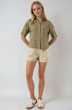 Kadın Haki Keten Görünümlü Crop Gömlek HZL25S-BD1203391