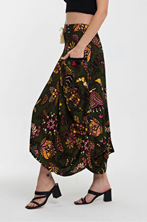 Kadın Haki Otantik Desenli Cepli Şalvar Model Viskon Etek HZL25S-VM120391