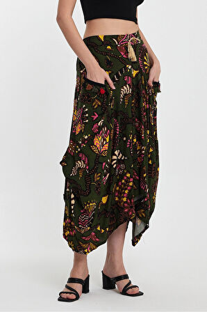 Kadın Haki Otantik Desenli Cepli Şalvar Model Viskon Etek HZL25S-VM120391