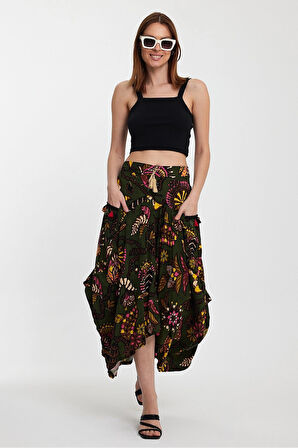 Kadın Haki Otantik Desenli Cepli Şalvar Model Viskon Etek HZL25S-VM120391