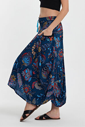 Kadın Mavi Otantik Desenli Cepli Şalvar Model Viskon Etek HZL25S-VM120391