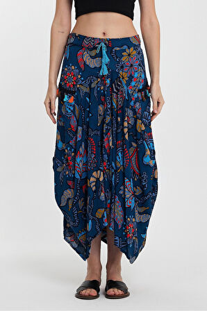 Kadın Mavi Otantik Desenli Cepli Şalvar Model Viskon Etek HZL25S-VM120391