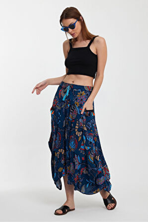 Kadın Mavi Otantik Desenli Cepli Şalvar Model Viskon Etek HZL25S-VM120391