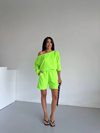 Kadın Neon Yeşil 2 İplik Kayık Yaka Bluz Şort Alt Üst Takım HZL25S-120511
