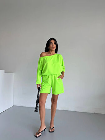 Kadın Neon Yeşil 2 İplik Kayık Yaka Bluz Şort Alt Üst Takım HZL25S-120511
