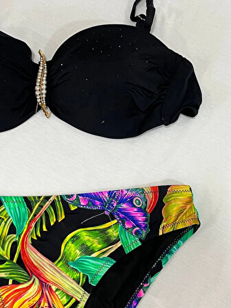 Kadın Siyah Taş İşlemeli Toka Aksesuarlı Astarlı Bikini Takım HZL25S-LC208