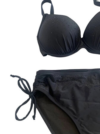 Kadın Siyah Taş İşlemeli Astarlı Büyük Beden Bikini Takımı HZL25S-LC2099