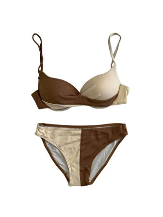Kadın Kahverengi Krem Renk Bloklu Astarlı Bikini Takımı HZL25S-LC214