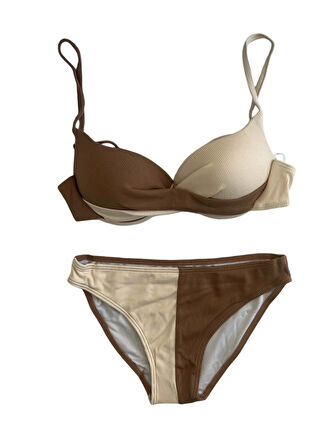 Kadın Kahverengi Krem Renk Bloklu Astarlı Bikini Takımı HZL25S-LC214